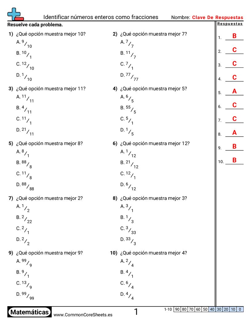 Ejercicios  de fracciones - Identificar números enteros como fracciones worksheet