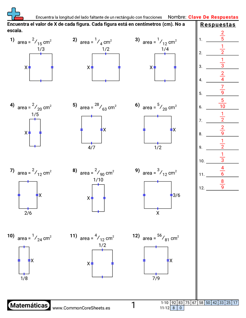 Ejercicios  área y perímetro - encontrar-el-lado-faltante-de-un-rectangulo-con-fracciones worksheet
