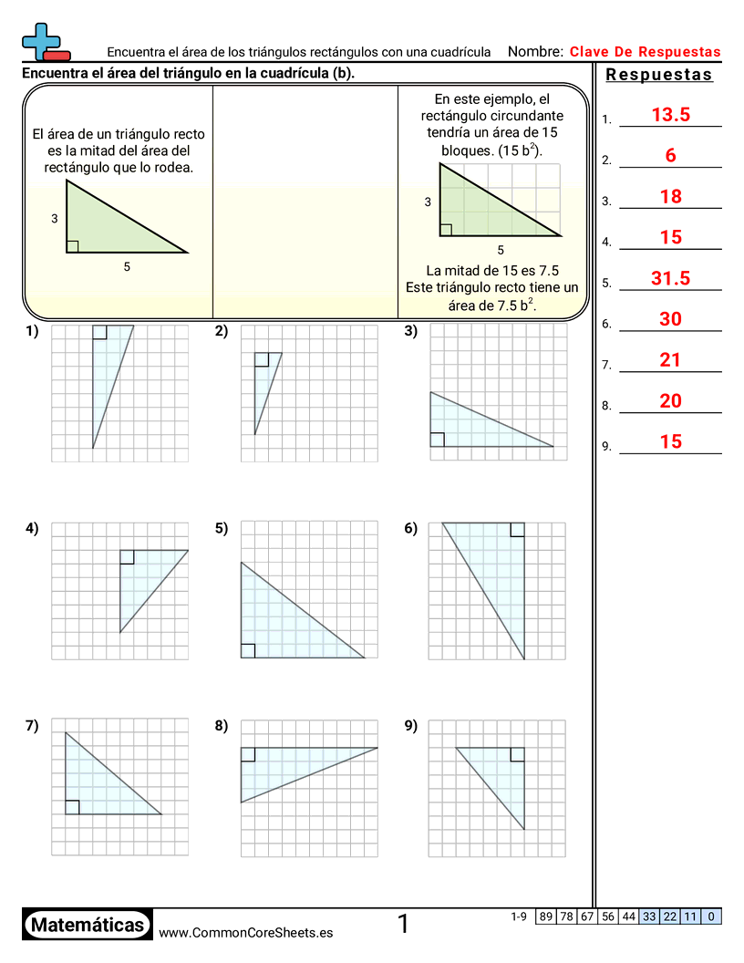 Ejercicios  área y perímetro - encontrar-el-area-de-triangulos-rectangulos-con-una-cuadricula worksheet