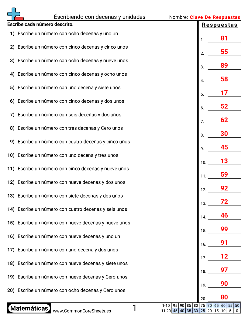 Ejercicios  de conversión de formas - escribir-con-decenas-y-unidades worksheet