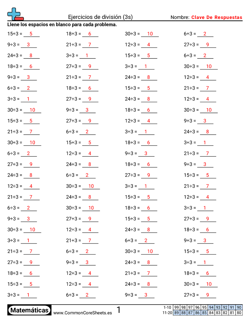 Ejercicios  de división - 3-tablas worksheet