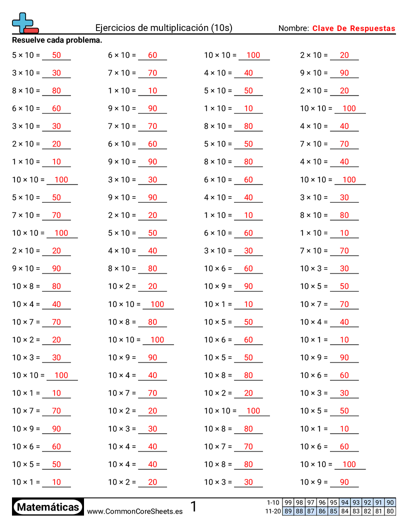 Ejercicios  de ejercicios de matemáticas - 10-tablas-horizontal worksheet