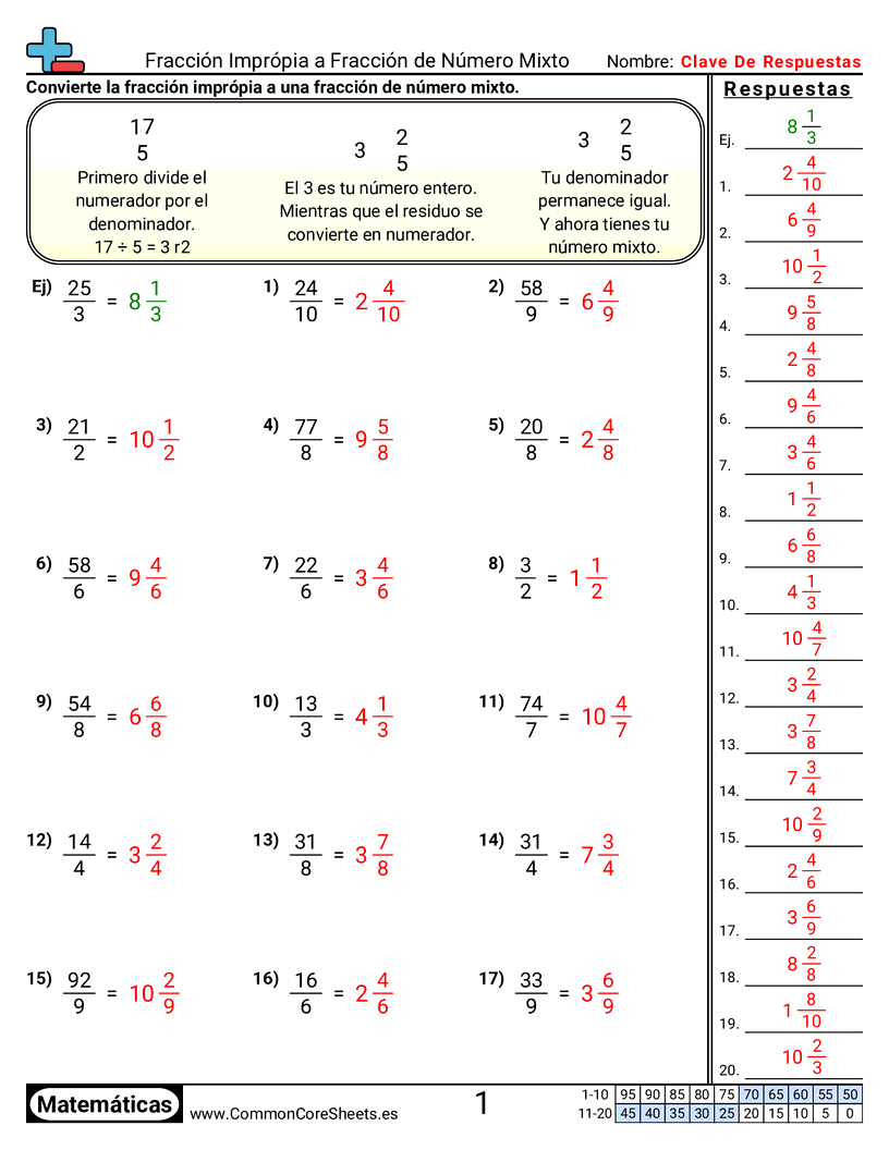 Ejercicios  de fracciones - Impropia a número mixto worksheet