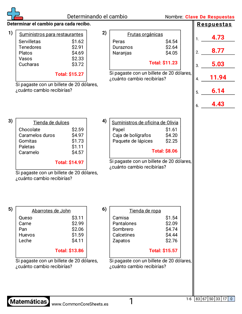 Ejercicios  de dinero  - cambio-del-recibo worksheet