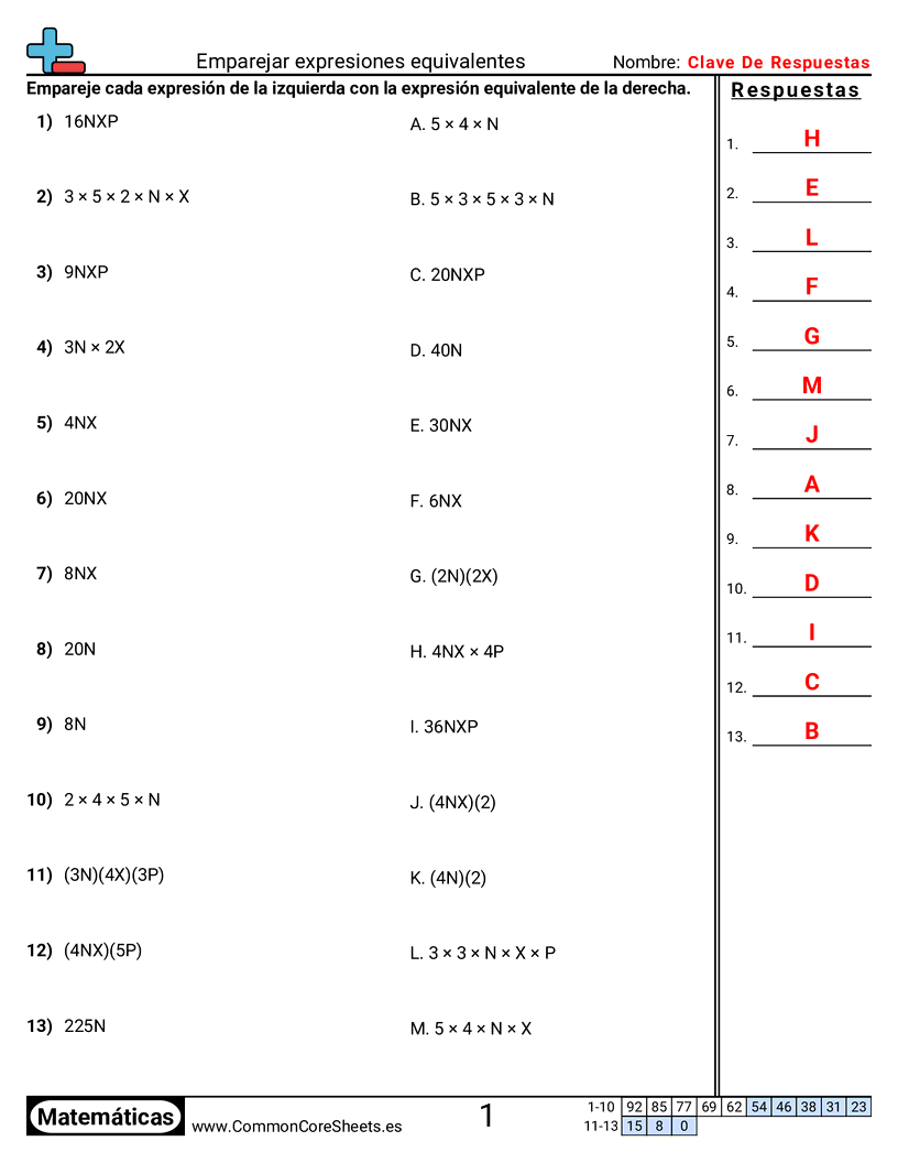 Ejercicios de álgebra - Emparejar expresiones equivalentes worksheet