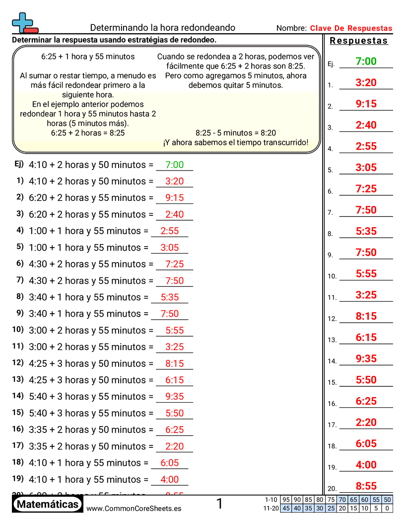 Ejercicios  de tiempo - Determinar la hora (usando redondeo) worksheet