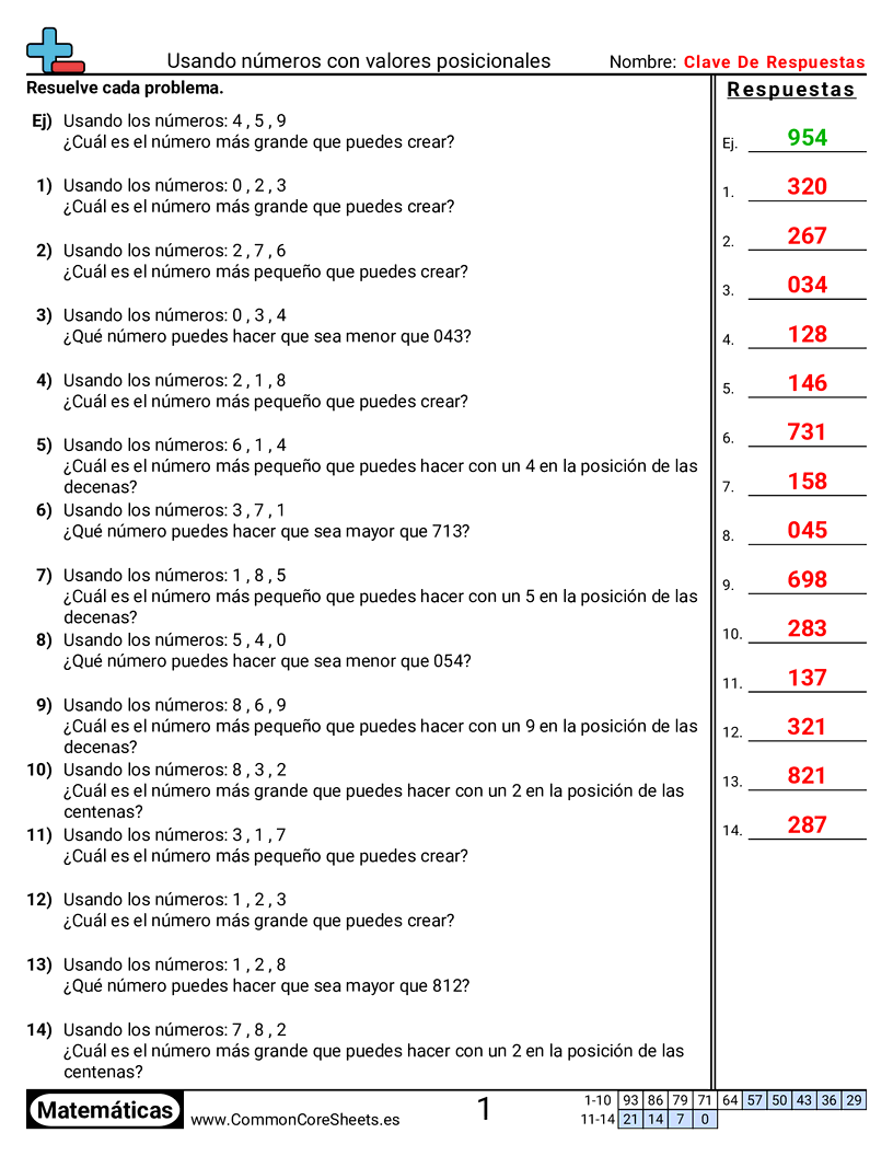 Ejercicios  de valor y valor posicional - usar-numeros-con-valores-posicionales worksheet