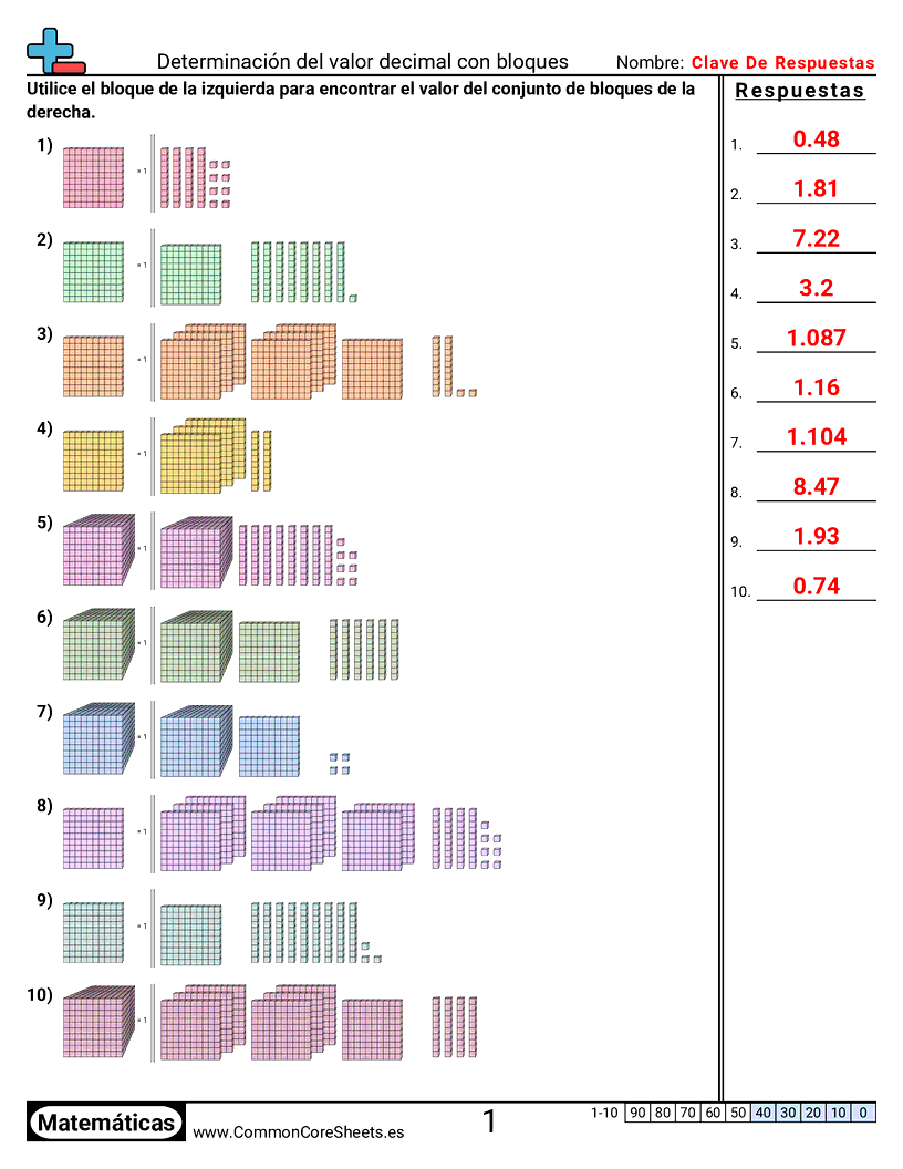 Ejercicios  de decimales  - determinar-el-valor-decimal-con-bloques worksheet