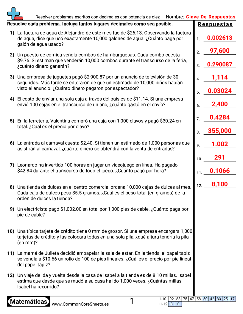 Ejercicios  de decimales  - Resolver problemas de palabras con decimales usando potencias de diez worksheet