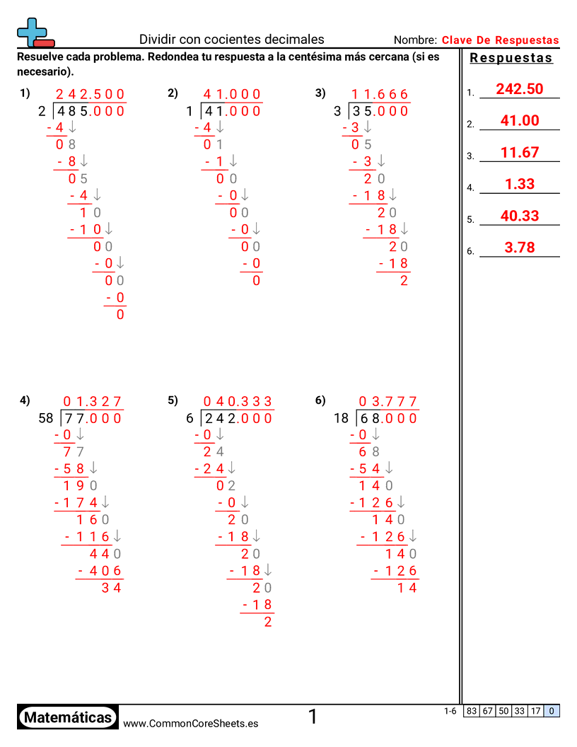 Ejercicios  de decimales  - dividir-con-cocientes-decimales worksheet