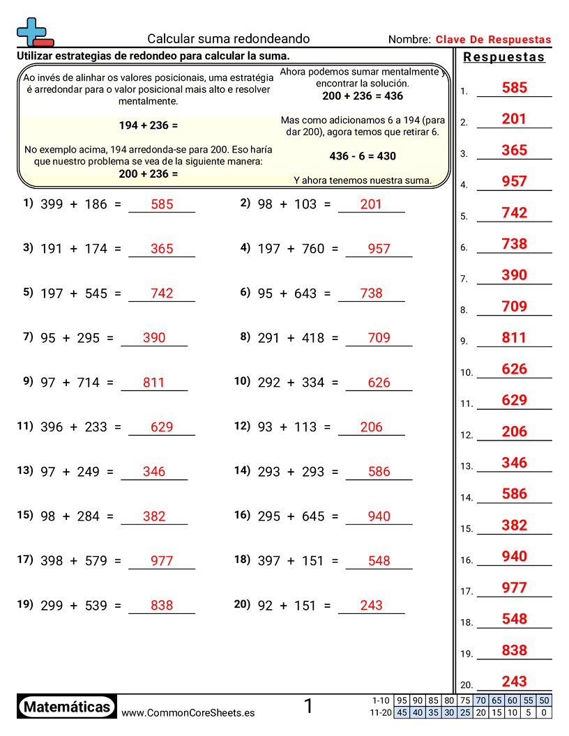 Ejercicios de sumas - encontrar-sumas-redondeando worksheet