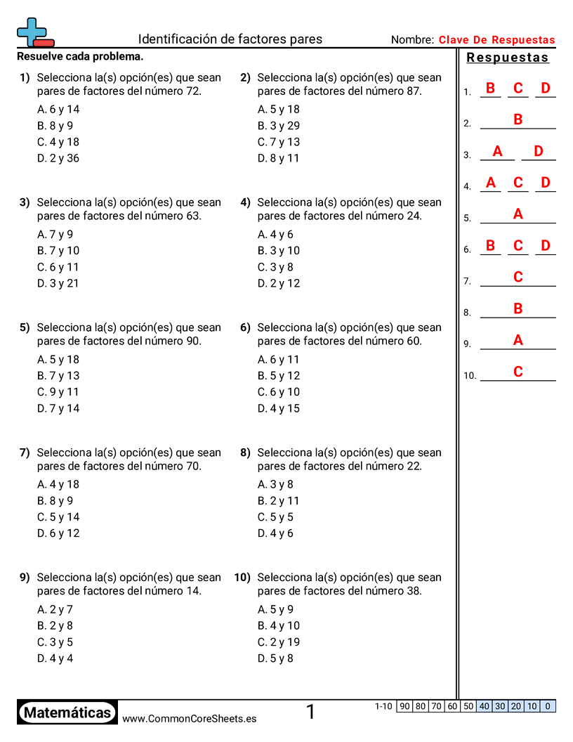 Ejercicios  de multiplicación - Identificar pares de factores worksheet