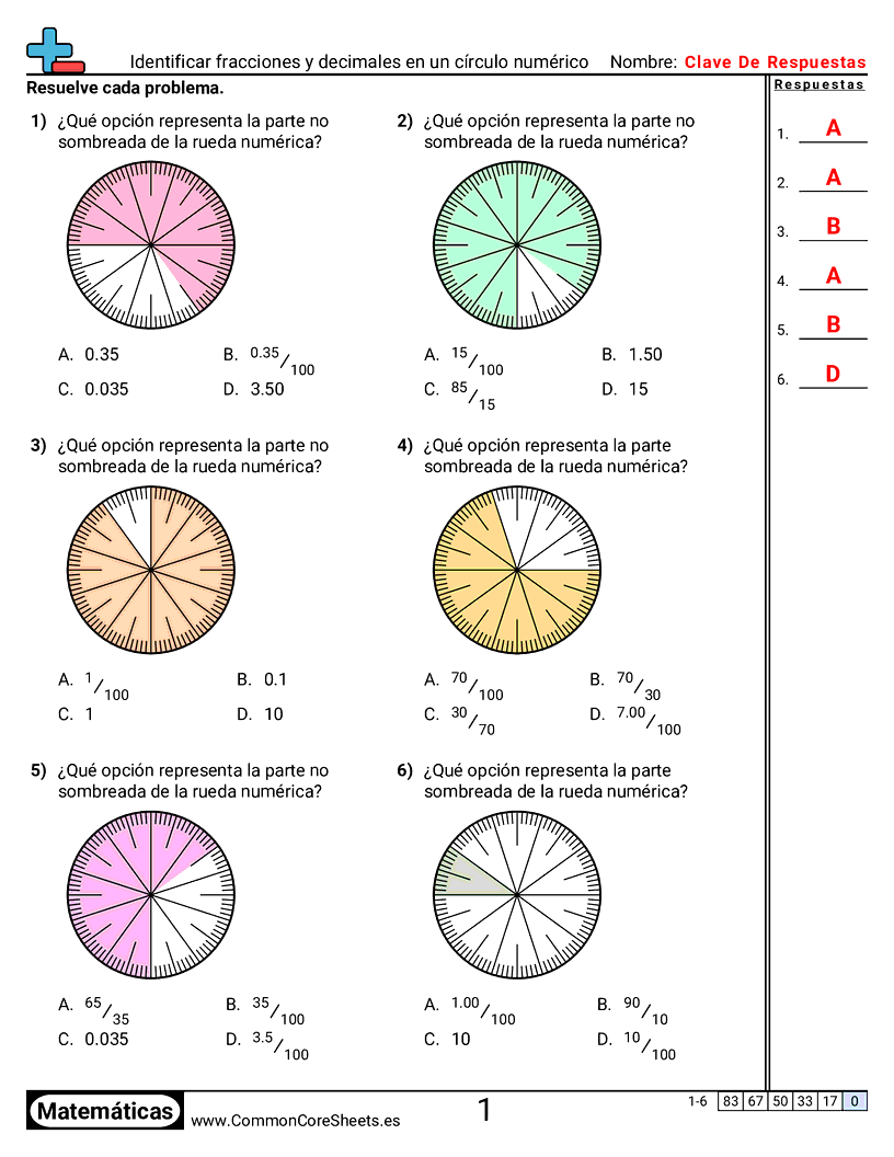 comparando fracciones decimales y porcentajes Worksheets - identificar-fracciones-y-decimales-en-una-rueda-numerica worksheet