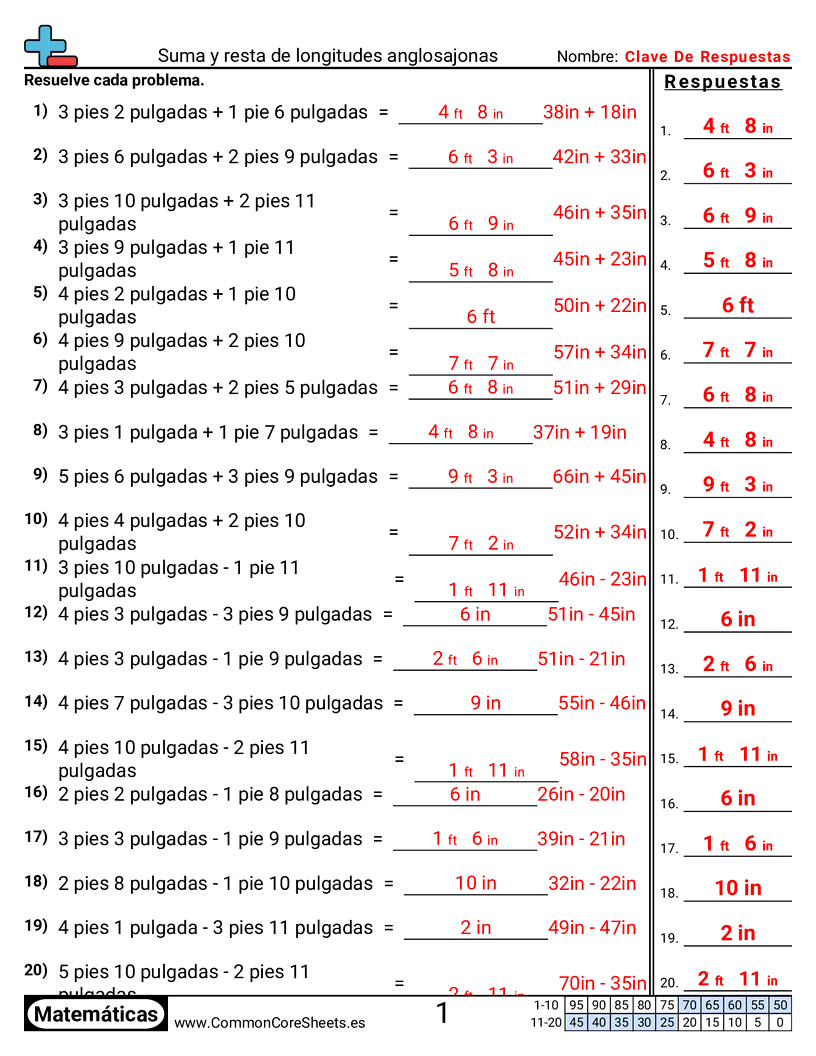 Ejercicios  de medición - sumar-y-restar-longitudes-estadounidenses worksheet