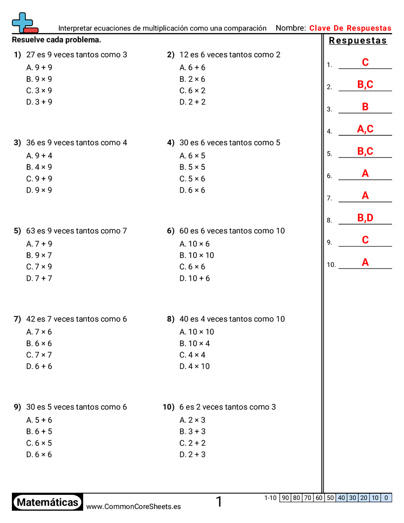 Ejercicios  de valor y valor posicional - Interpretar ecuaciones de multiplicación como una comparación worksheet