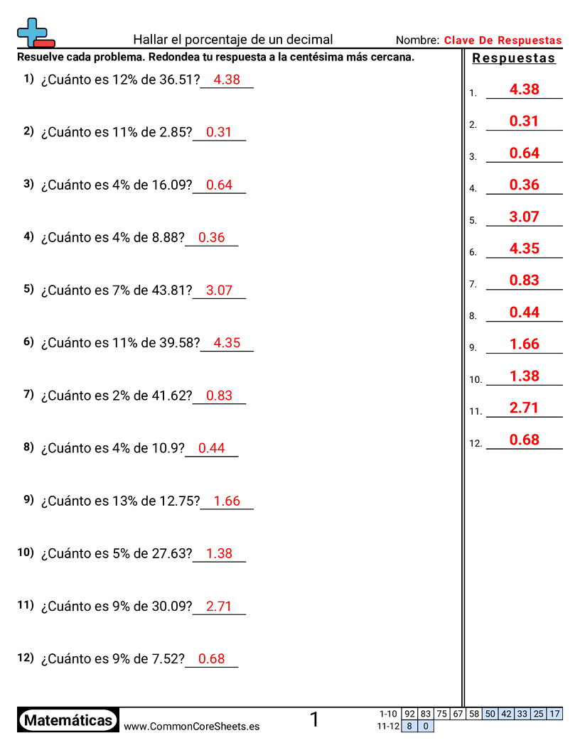 Ejercicios  de porcentaje - encontrar-el-porcentaje-de-un-decimal worksheet