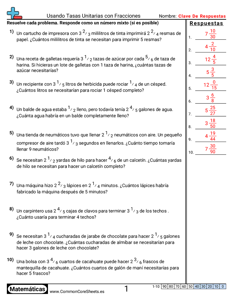 Ejercicios  de relaciones - usar-tasas-unitarias-con-fracciones worksheet
